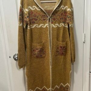 Boho Bohemian Hooded Sweater Duster Brown Hippie Duster Aztec Southwestern Large